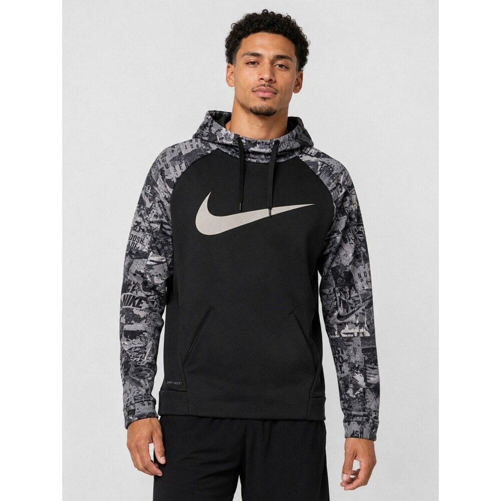 Nike Dri-FIT Men’s M Black Gray Graphic Camo Swoosh Pullover Fleece Hoodie Ski